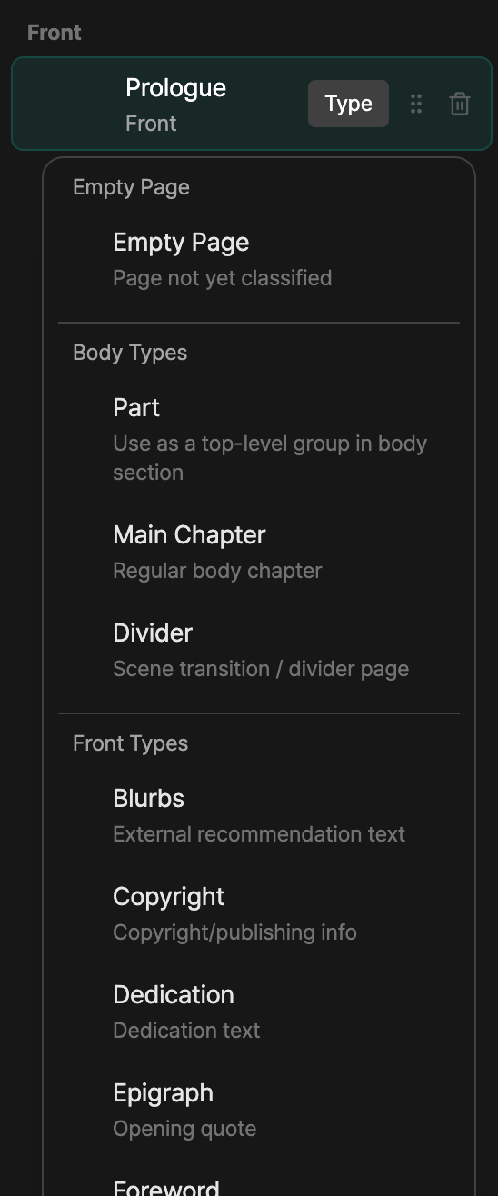 Page type selector UI